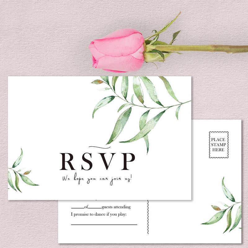 Giftideaworkshop 50 بطاقة RSVP، بطاقات RSVP لحفل الزفاف، حفل الاستحمام للعروس، حفل الاستحمام للطفل، بطاقات رد RSVP بتصميم نباتي، 4 × 6 بوصات. - Image 5